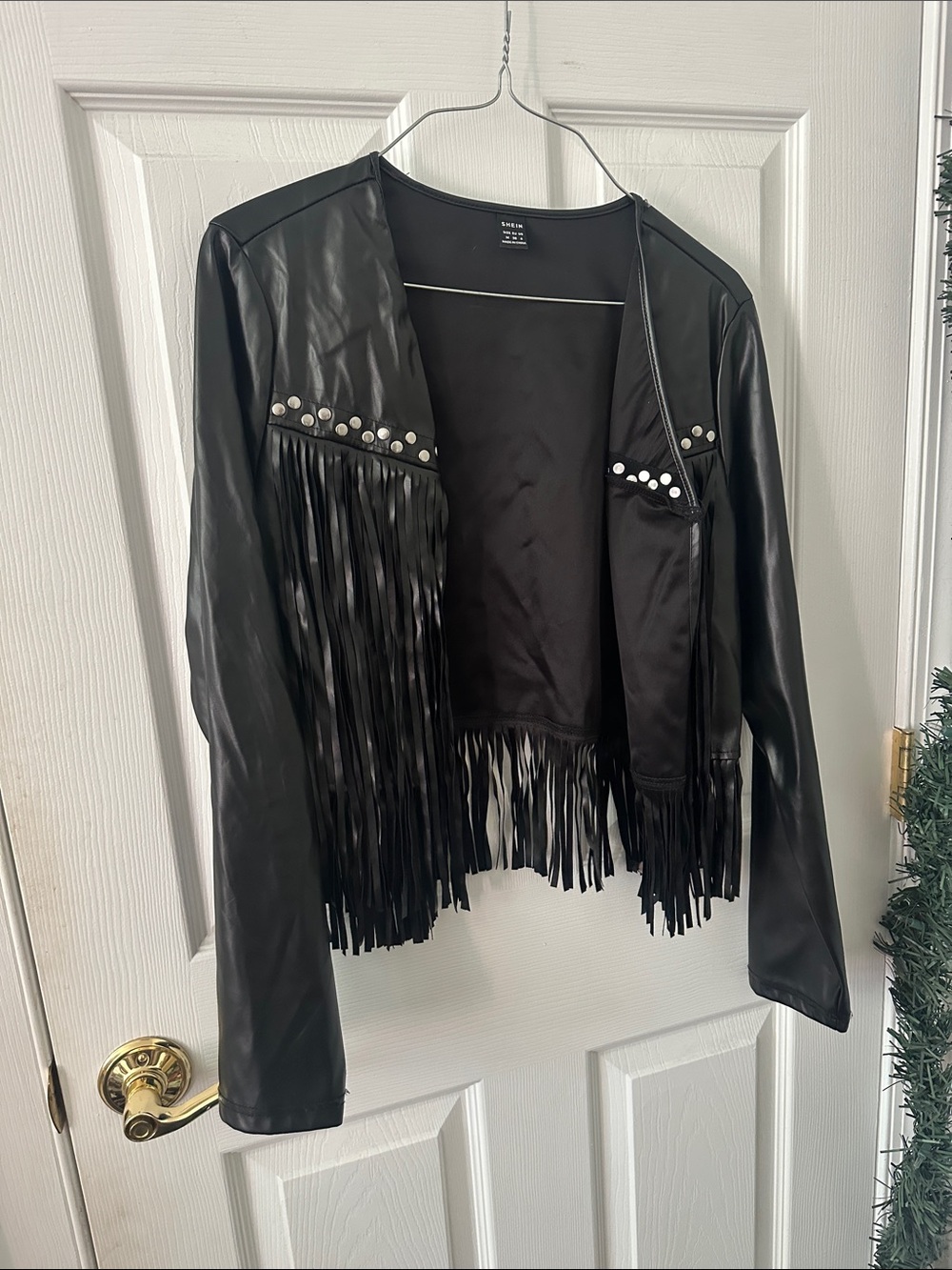 SHEIN Black Faux Leather Fringe & Stud Jacket